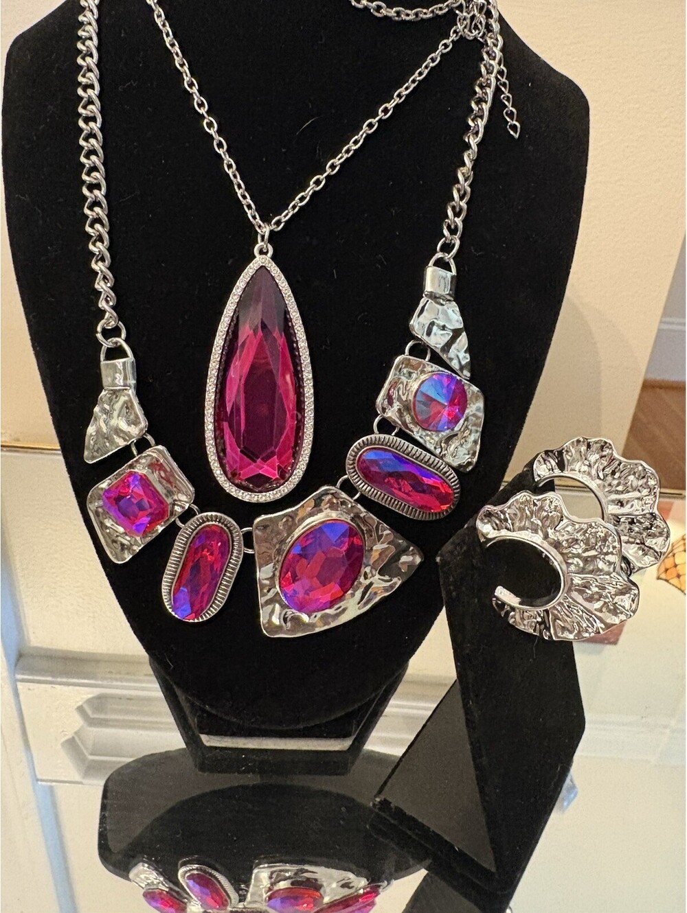 2 Necklaces Aurora Borealis Pink  Necklace 16-36”  Silver Tone Metal Earrings